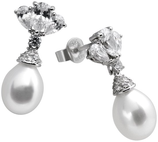 Diamonfire - Zilveren oorhangers Bridal - Zirkonia - Parel - Vintage